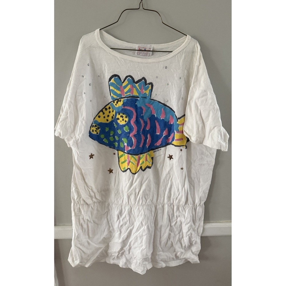 VTG Ken Done‎ Art to Wear Colorful Fish WOMENS One Size Shirt Beach Wear Coverup